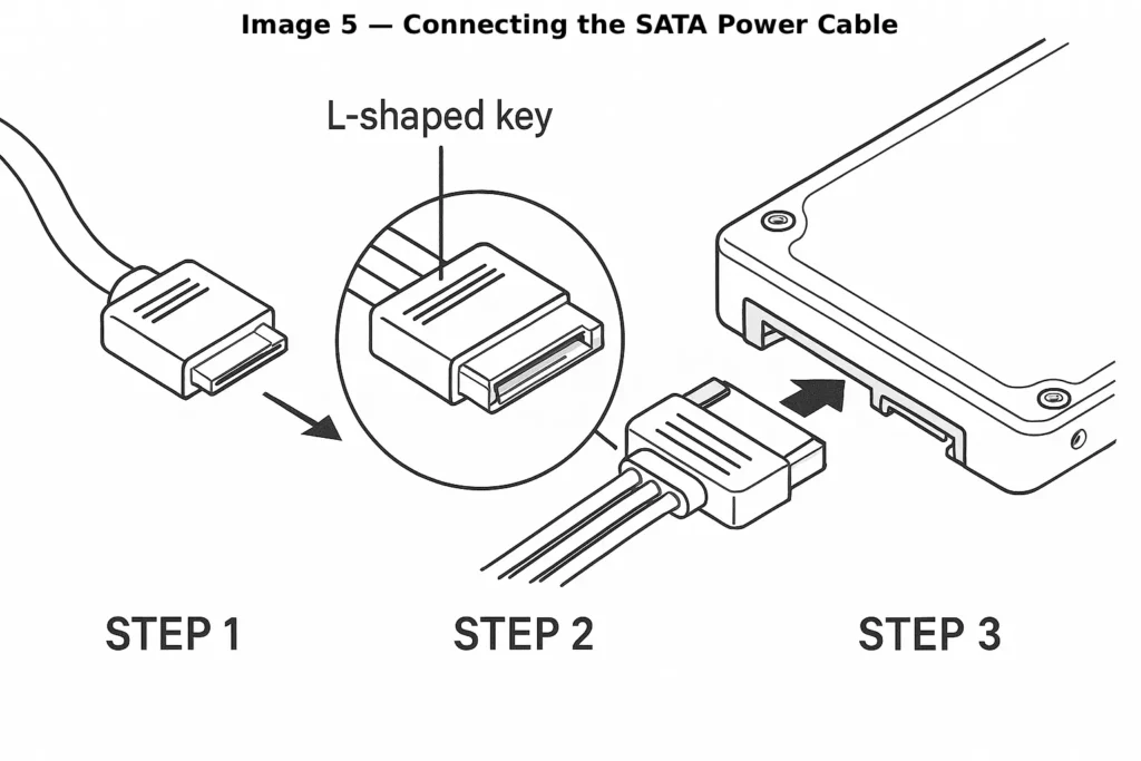 Connecting a SATA power cable from the power supply to an SSD