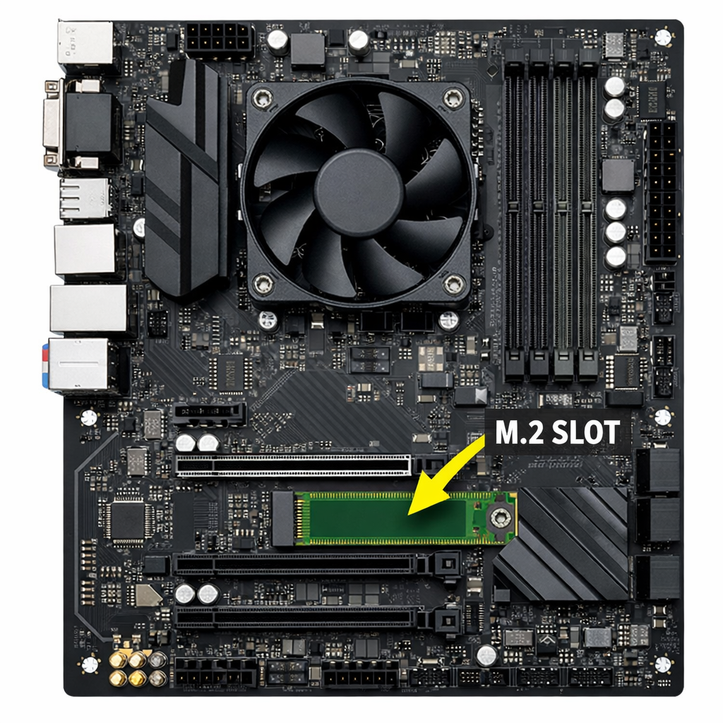 M.2 NVMe slot on a desktop motherboard with CPU, RAM slots and PCIe slots visible