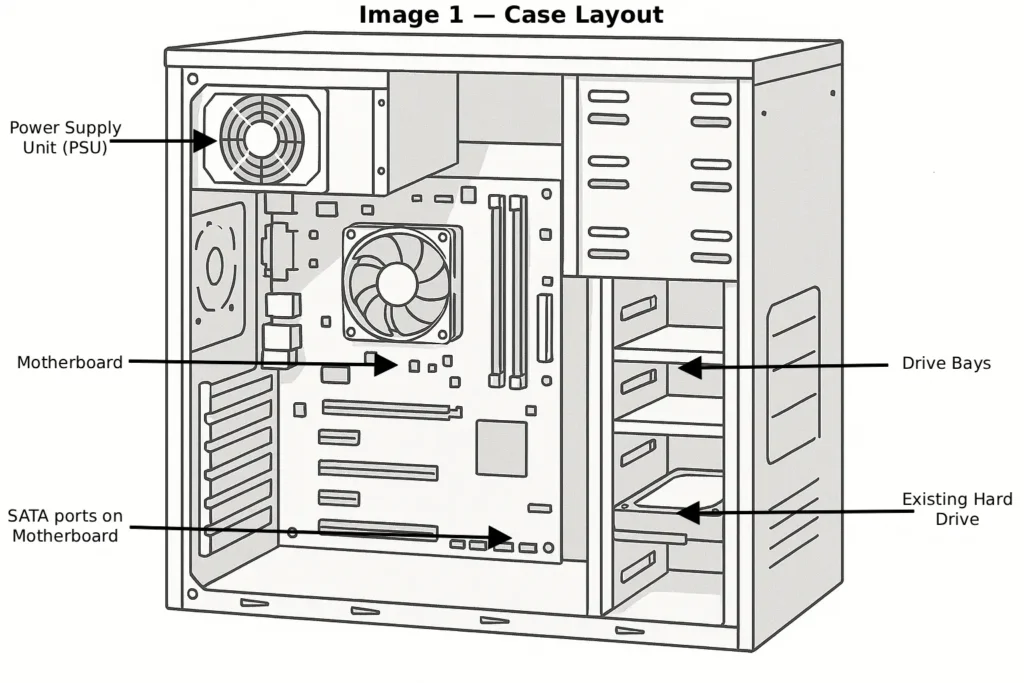 Internal layout of an old desktop PC case showing motherboard, power supply and drive bays