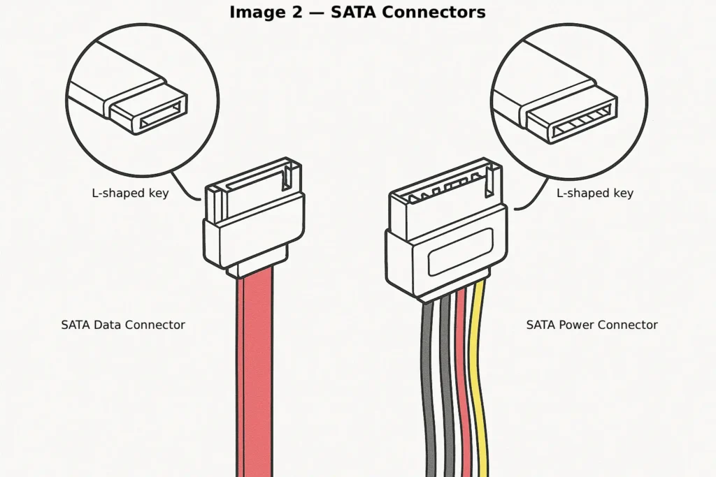 Difference between SATA data connector and SATA power connector with L-shaped key