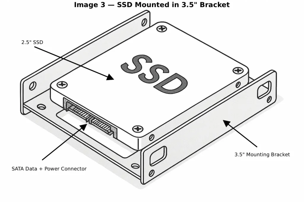 2.5 inch SSD mounted inside a 3.5 inch desktop drive bay bracket